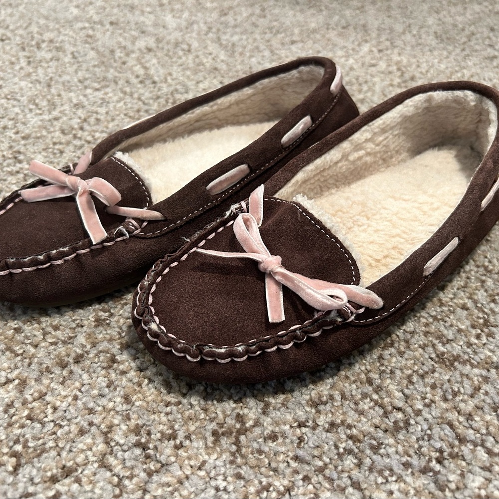L.L. Bean Brown Suede Slippers with Pink Bow